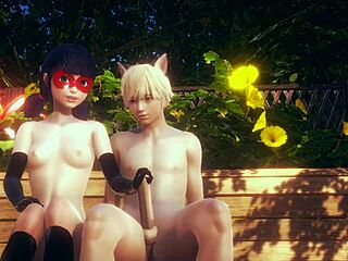 Ladybug hentai 3D apresenta ação sem censura com Cat Noir em um parque
