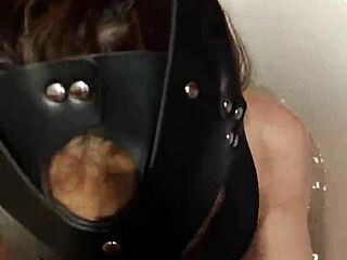 Brunette with a mask gives a hardcore face fucking and deepthroat in the bathroom