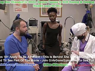 Ebony beauty Clov Rina Arem gets a surprise during her first gynecology exam with her neighbor doctor in Tampa, Florida, all captured on hidden cameras at Girlsgonegyno.com