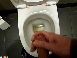 Solo Italian guy masturbates in public bathroom after urination