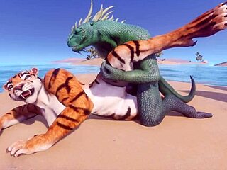Wild life adventure with a scaly furry porn dragon and a tiger girl