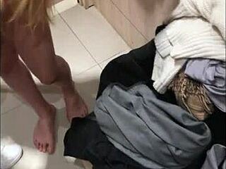 Amateur blowjob in the mall fitting room with a cumshot finish