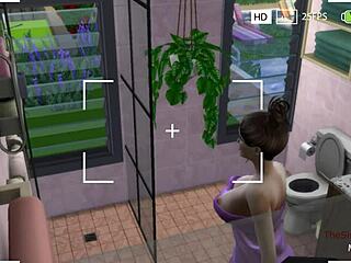 Sims 4 serisinde bir kadın duş alırken bir çizgi film casus videosunda yakalanır