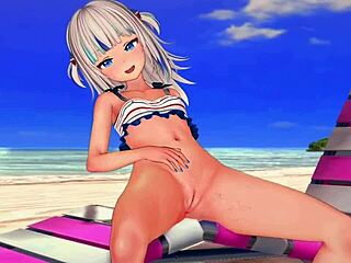 Anime tyttö Gawr gura nauttii villi vitun istunto rannalla