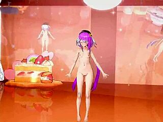 Watch a sultry dance performance by a 3D cartoon girl with purple hair and small tits